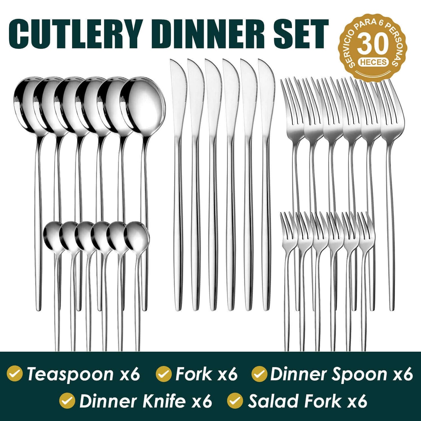 30Pc CUTLERY DINNER SET STAINLESS STEEL METAL STAND RACK FORKS TEA SPOONS POLISH