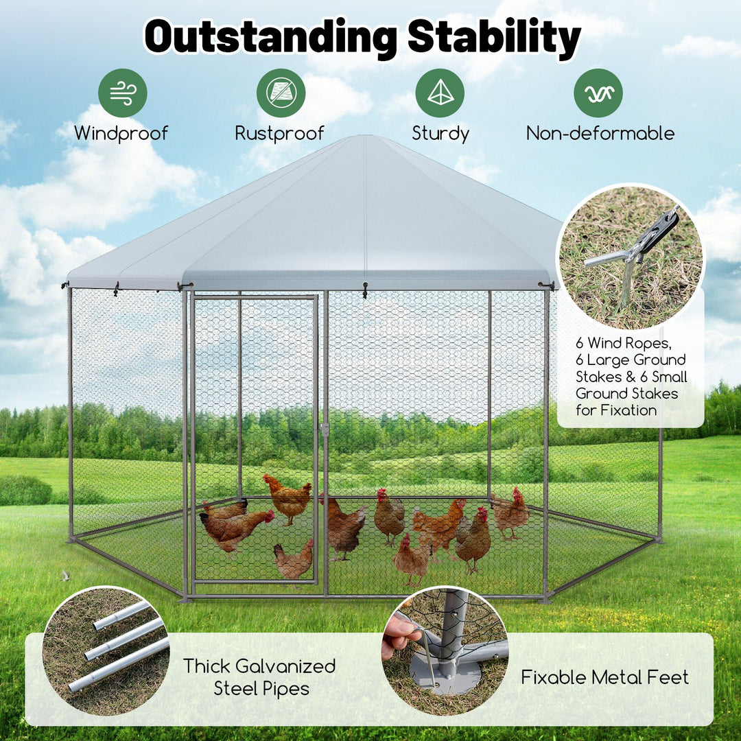 Hexagonal Metal Chicken Coop with Wire Mesh and Lockable Door