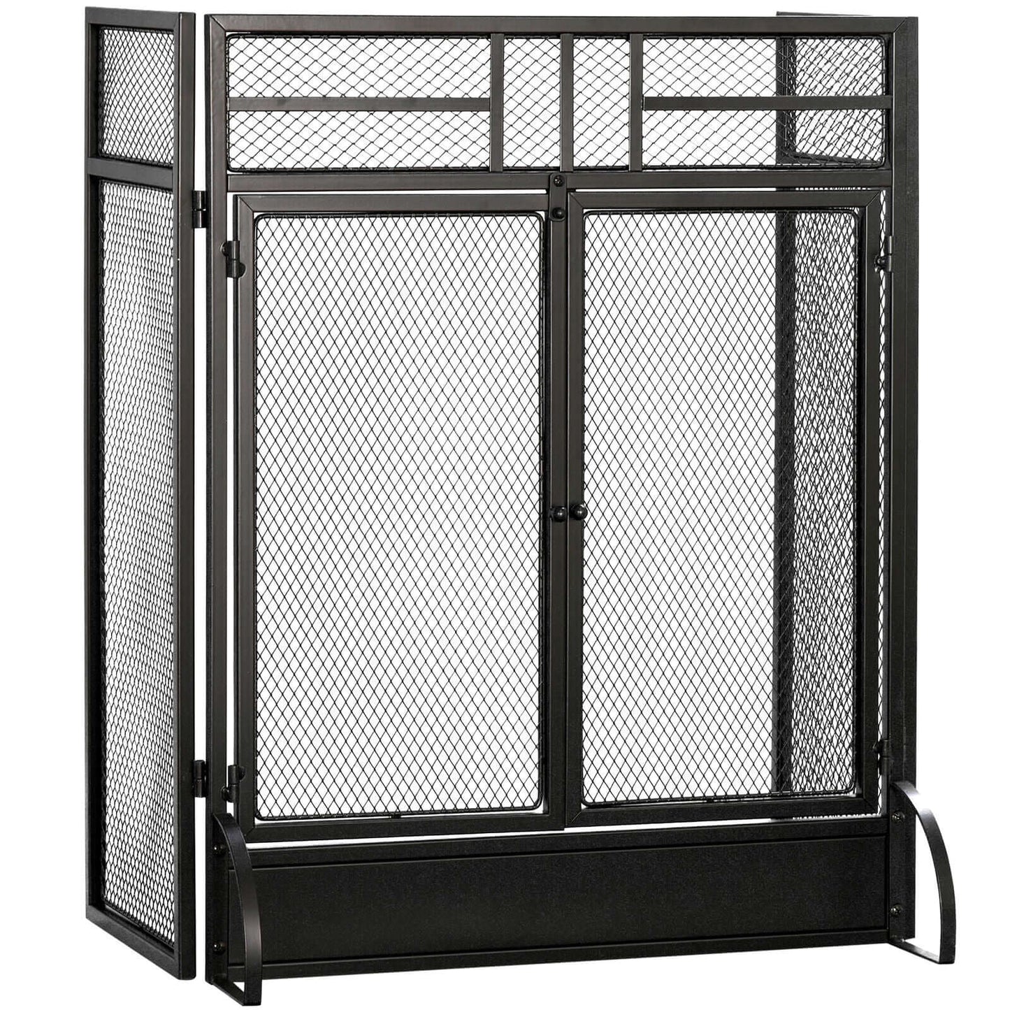 3-Panel Metal Mesh Folding Fireplace Screen with Door, Freestanding Spark Guard