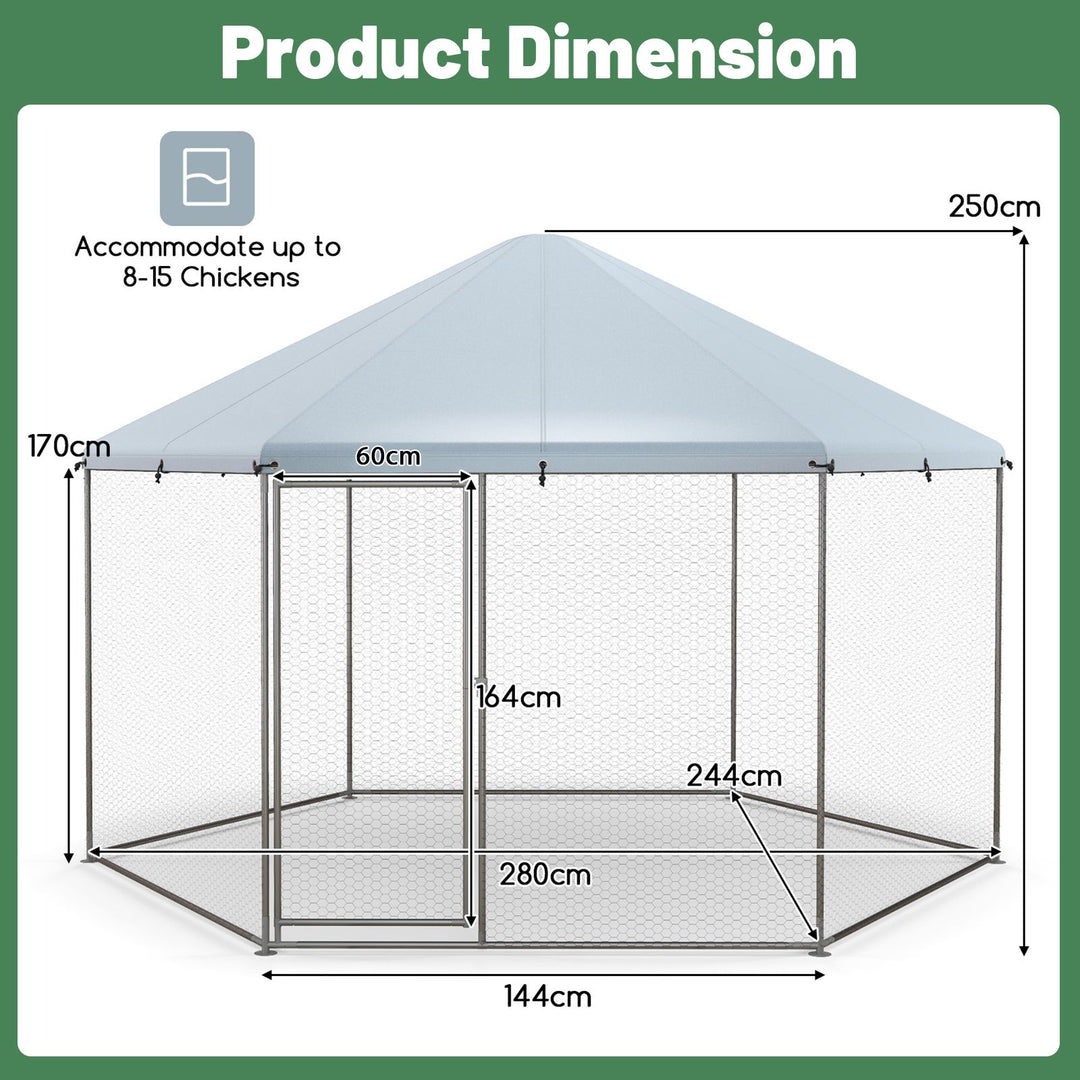 Hexagonal Metal Chicken Coop with Wire Mesh and Lockable Door