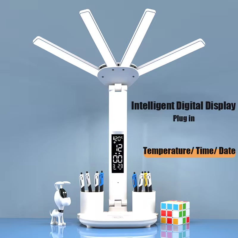 3In1 Multifunction Table Lamp LED Four-Headed Folding with Fan Calendar Clock USB Rechargeable Desk Light 3 Color Reading Lamp