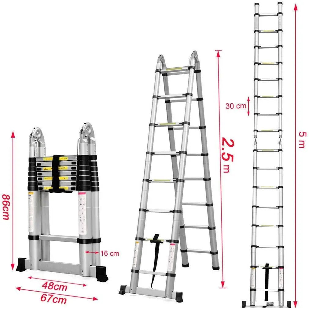 2.6M - 5M Telescopic Ladder Sturdy Aluminum Telescoping Extension Ladder 330Lb Max Load EN131 for Household Outdoor Work - NovaNest