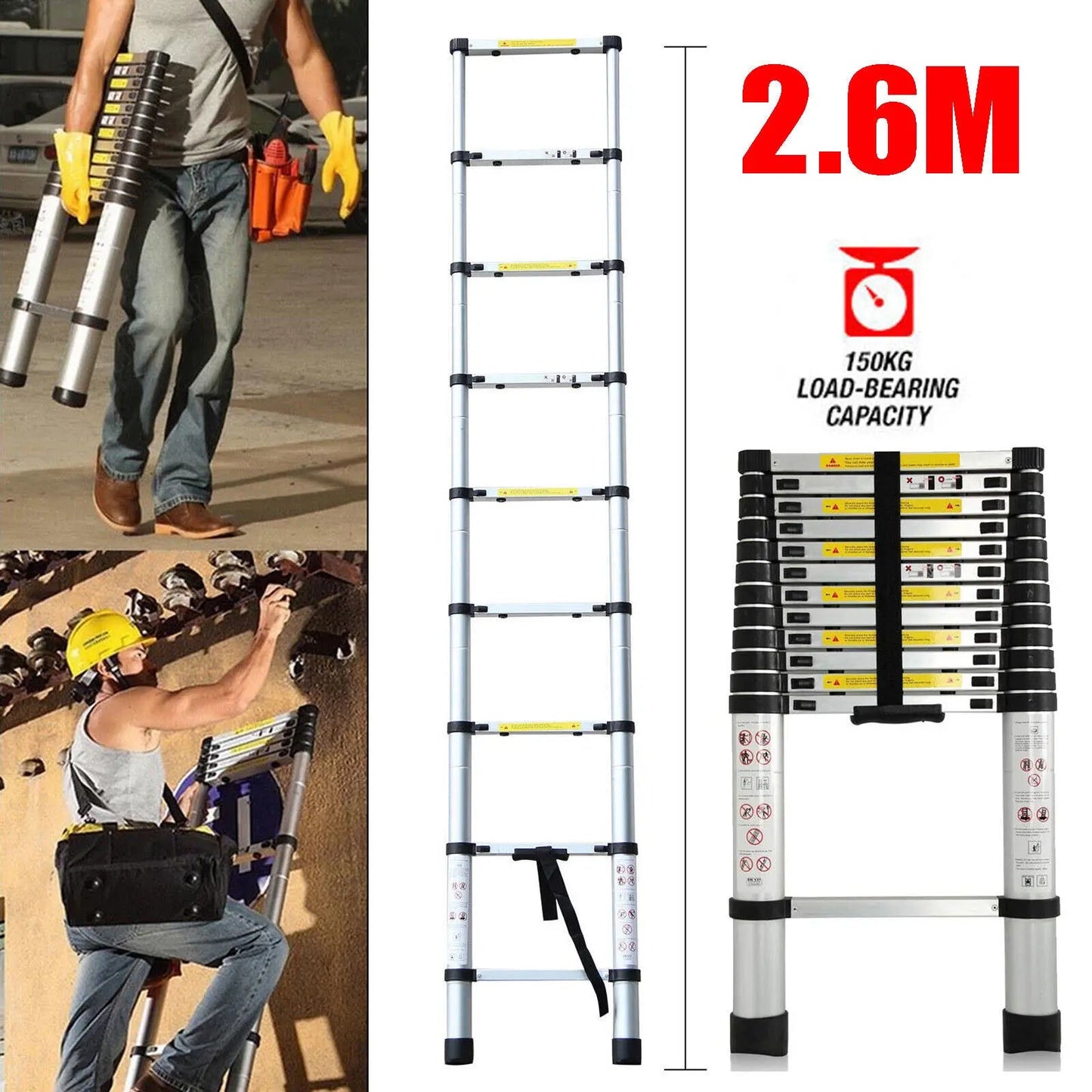 2.6M - 5M Telescopic Ladder Sturdy Aluminum Telescoping Extension Ladder 330Lb Max Load EN131 for Household Outdoor Work - NovaNest