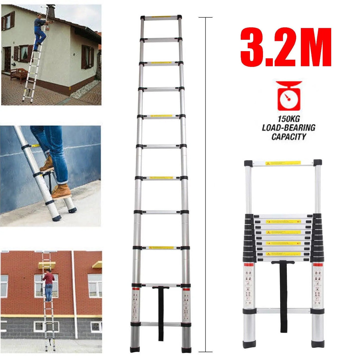 2.6M - 5M Telescopic Ladder Sturdy Aluminum Telescoping Extension Ladder 330Lb Max Load EN131 for Household Outdoor Work - NovaNest