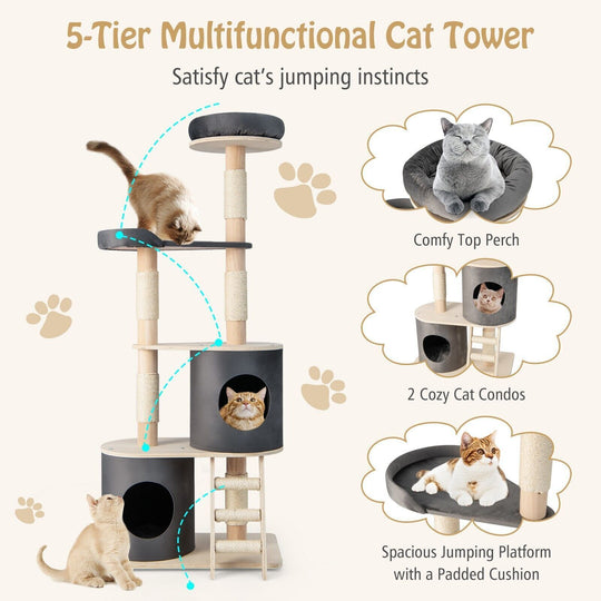 161Cm Wooden Multi-Level Cat Tree Climbing Tower Sisal Covered Scratch Post