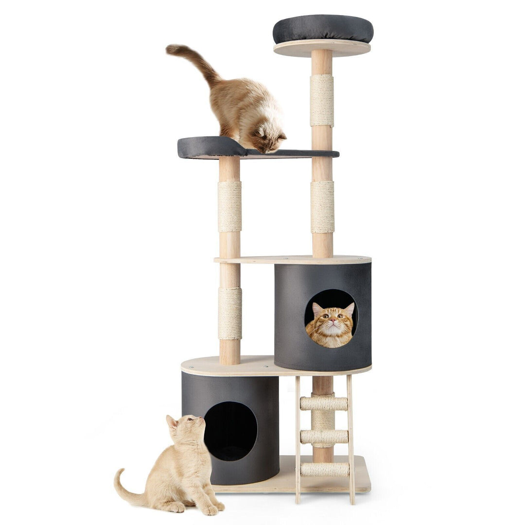 161Cm Wooden Multi-Level Cat Tree Climbing Tower Sisal Covered Scratch Post