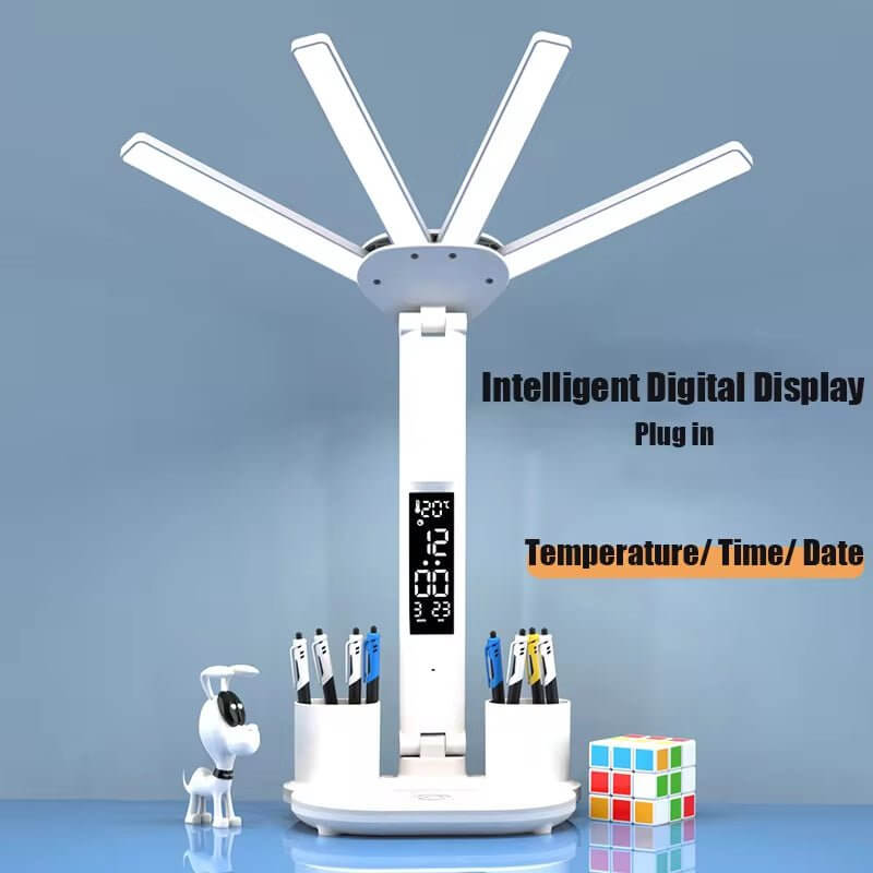 3In1 Multifunction Table Lamp LED Four - Headed Folding with Fan Calendar Clock USB Rechargeable Desk Light 3 Color Reading Lamp - NovaNest