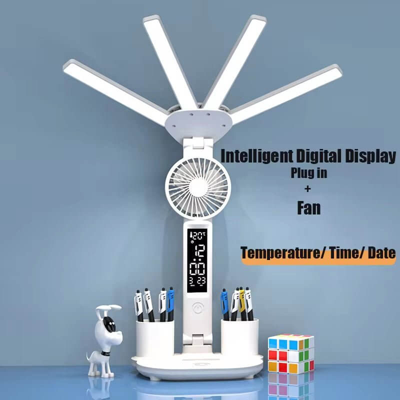 3In1 Multifunction Table Lamp LED Four - Headed Folding with Fan Calendar Clock USB Rechargeable Desk Light 3 Color Reading Lamp - NovaNest