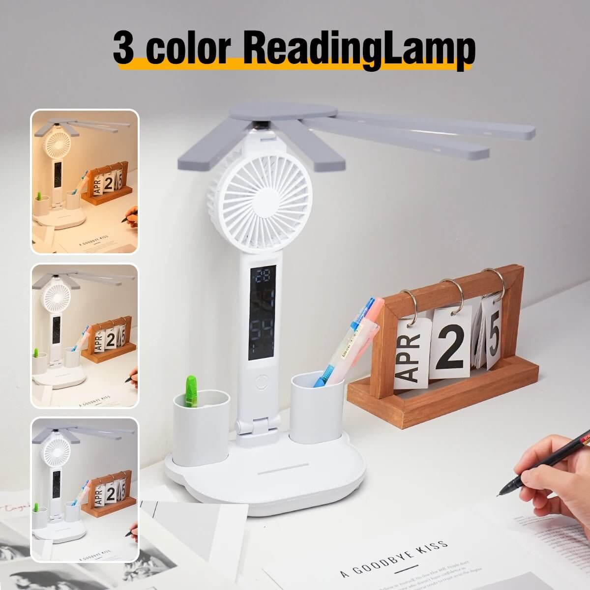 3In1 Multifunction Table Lamp LED Four - Headed Folding with Fan Calendar Clock USB Rechargeable Desk Light 3 Color Reading Lamp - NovaNest