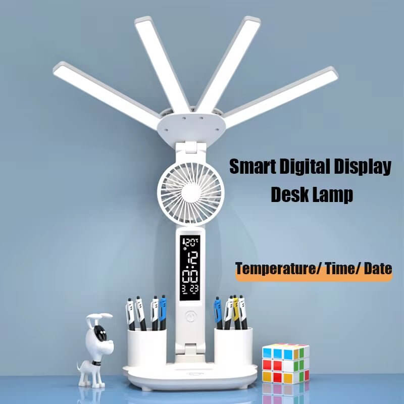 3In1 Multifunction Table Lamp LED Four - Headed Folding with Fan Calendar Clock USB Rechargeable Desk Light 3 Color Reading Lamp - NovaNest