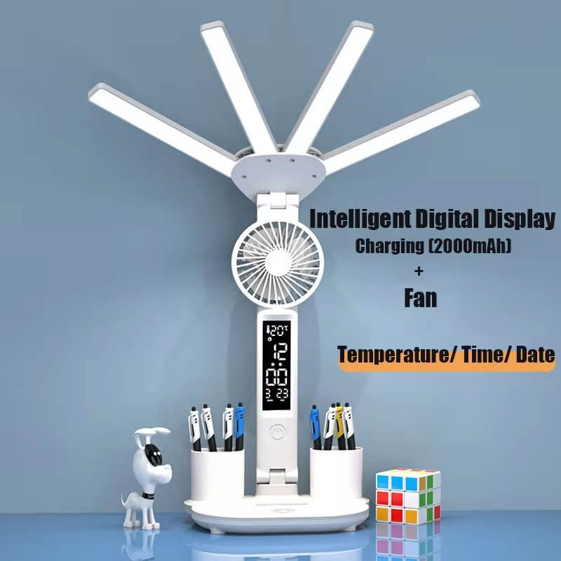 3In1 Multifunction Table Lamp LED Four - Headed Folding with Fan Calendar Clock USB Rechargeable Desk Light 3 Color Reading Lamp - NovaNest