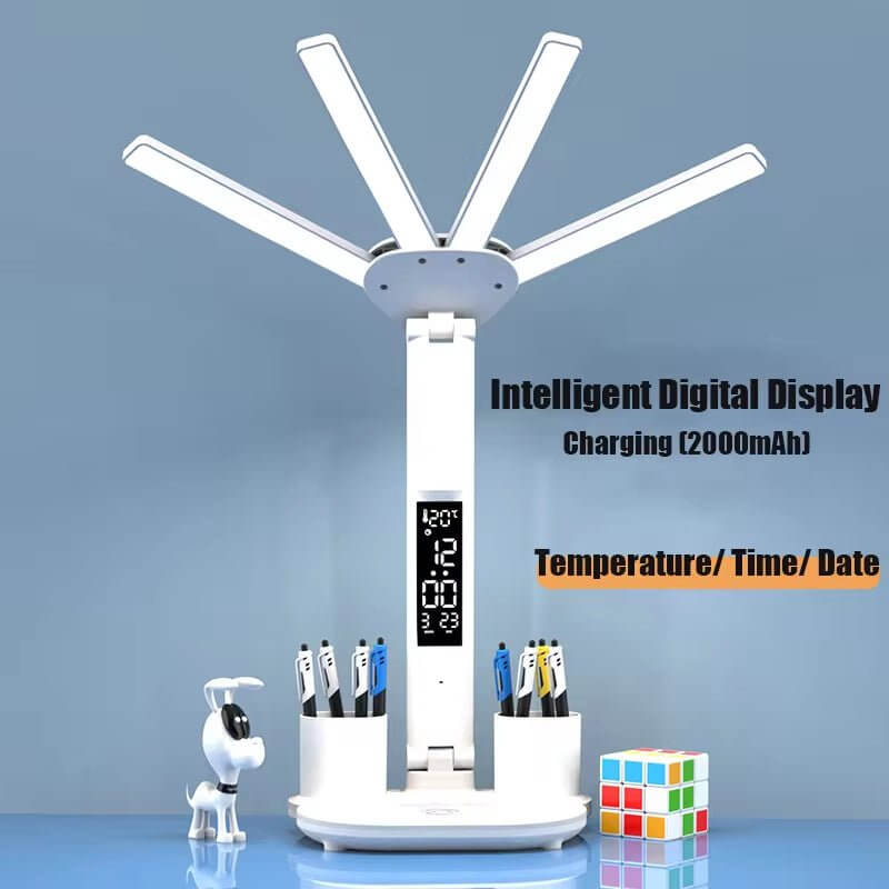 3In1 Multifunction Table Lamp LED Four - Headed Folding with Fan Calendar Clock USB Rechargeable Desk Light 3 Color Reading Lamp - NovaNest