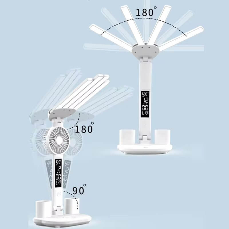 3In1 Multifunction Table Lamp LED Four - Headed Folding with Fan Calendar Clock USB Rechargeable Desk Light 3 Color Reading Lamp - NovaNest