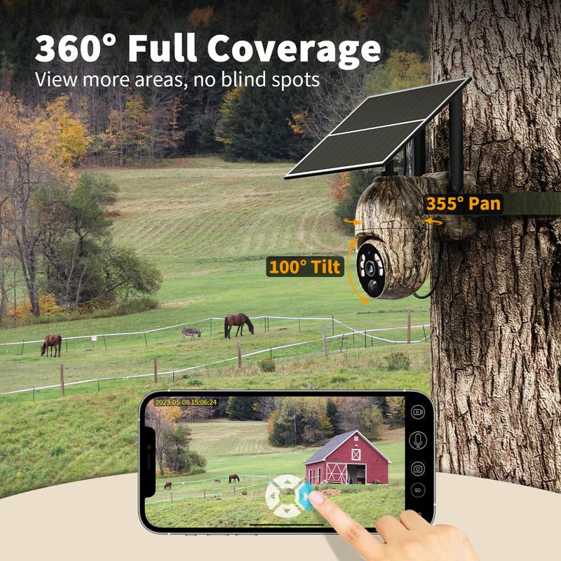 4G LTE Cellular Trail Camera 3Rd Generation with Solar Panel, Built-In SIM Card, UNLIMITED Data Plan, NOT SUPPORT WIFI, Live Video Game Camera with 360° Pan Tilt, Motion Activated, 2K Color Night Vision