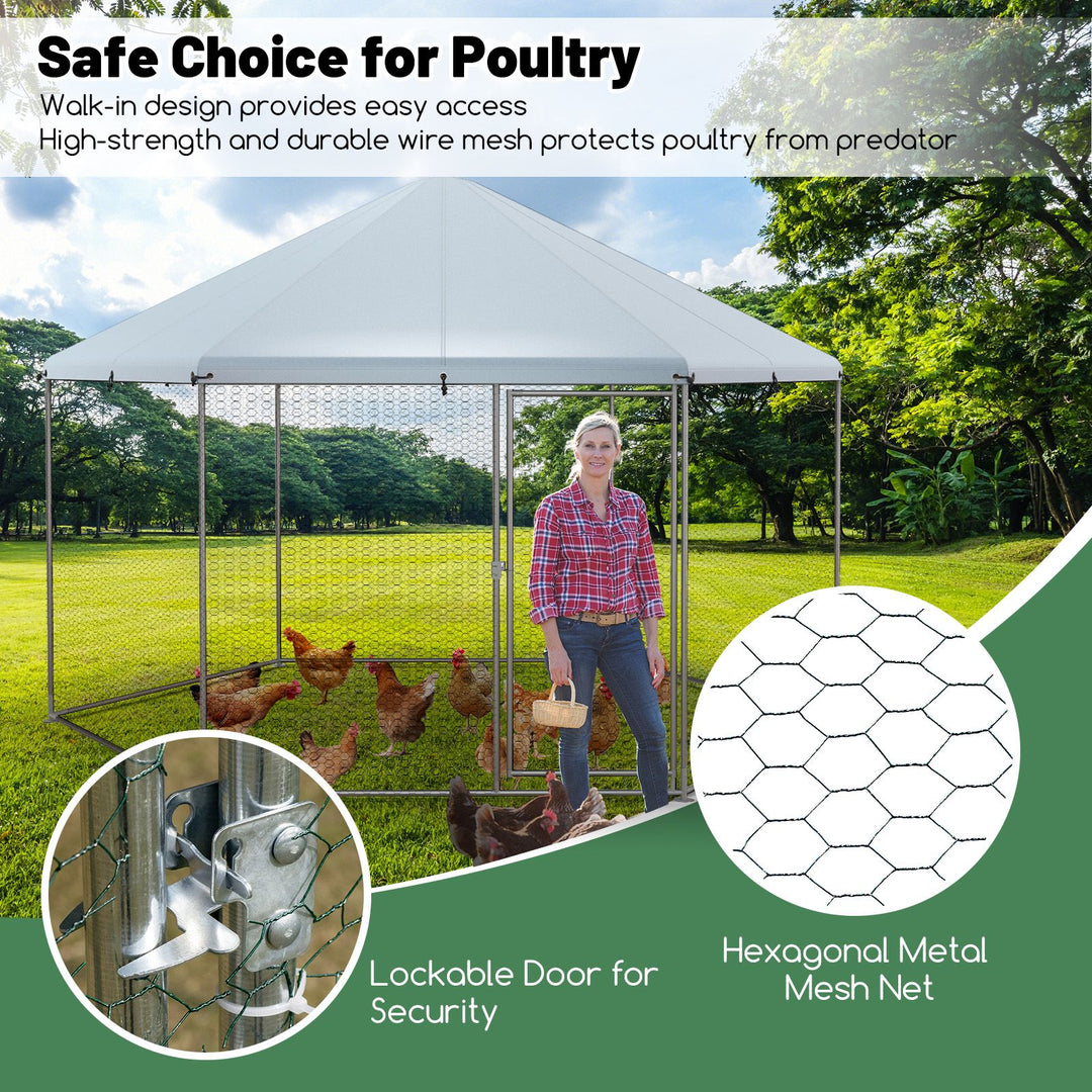 Hexagonal Metal Chicken Coop with Wire Mesh and Lockable Door