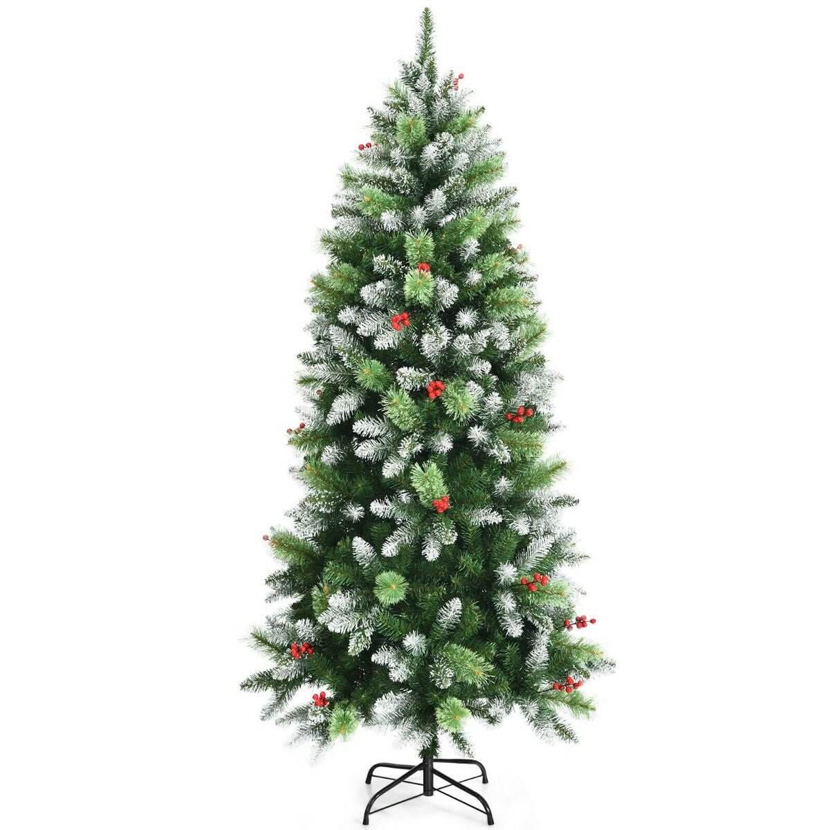 6FT Artificial Christmas Tree with Red Berries and Snow Effect - NovaNest