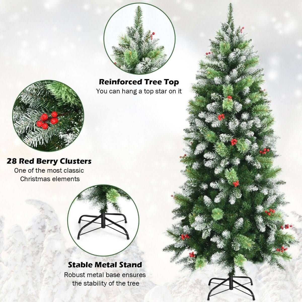 6FT Artificial Christmas Tree with Red Berries and Snow Effect - NovaNest