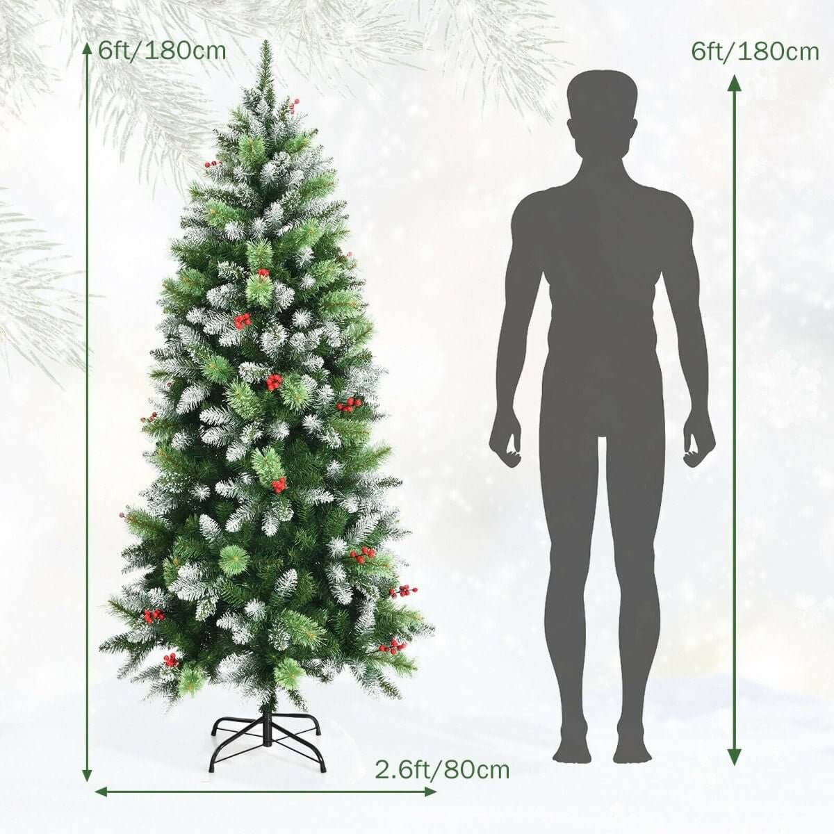 6FT Artificial Christmas Tree with Red Berries and Snow Effect - NovaNest