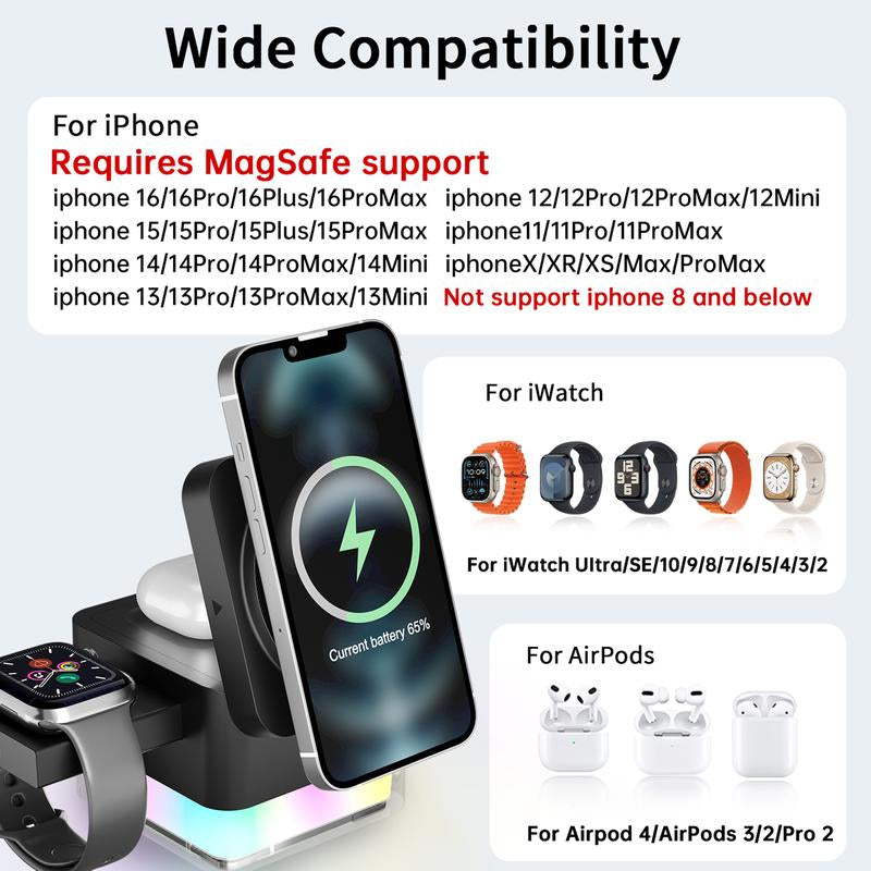 3 in 1 Cube Wireless Charger , Foldable Charger Stand, 15W Fast Wireless Charging Station for Iphone 16/15/14/13/12 Pro/Pro Max/Mini/Plus Series, Apple Watch, Airpods Pro (Black)