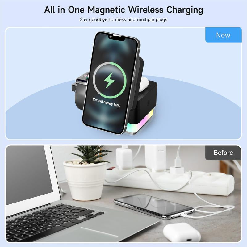 3 in 1 Cube Wireless Charger , Foldable Charger Stand, 15W Fast Wireless Charging Station for Iphone 16/15/14/13/12 Pro/Pro Max/Mini/Plus Series, Apple Watch, Airpods Pro (Black)