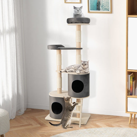 161Cm Wooden Multi-Level Cat Tree Climbing Tower Sisal Covered Scratch Post