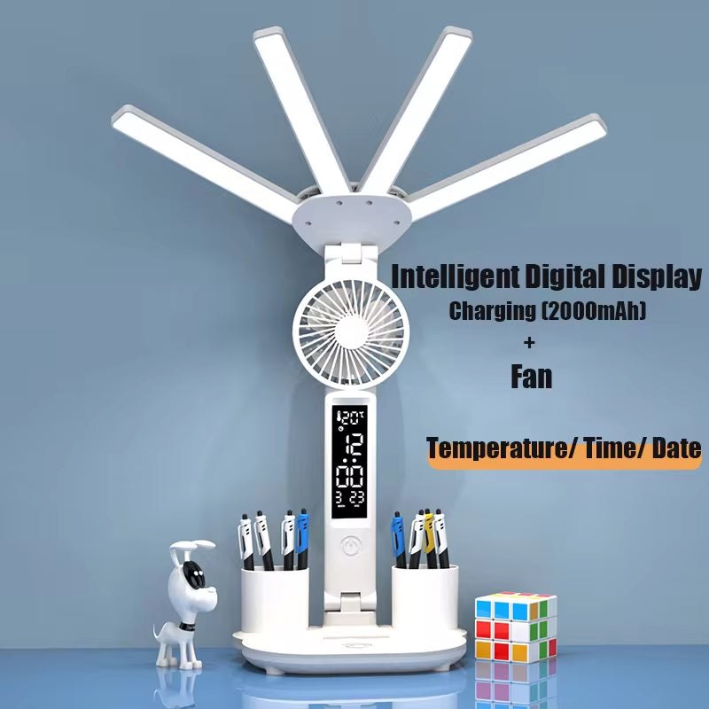 3In1 Multifunction Table Lamp LED Four-Headed Folding with Fan Calendar Clock USB Rechargeable Desk Light 3 Color Reading Lamp