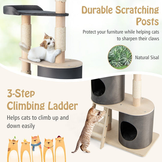 161Cm Wooden Multi-Level Cat Tree Climbing Tower Sisal Covered Scratch Post