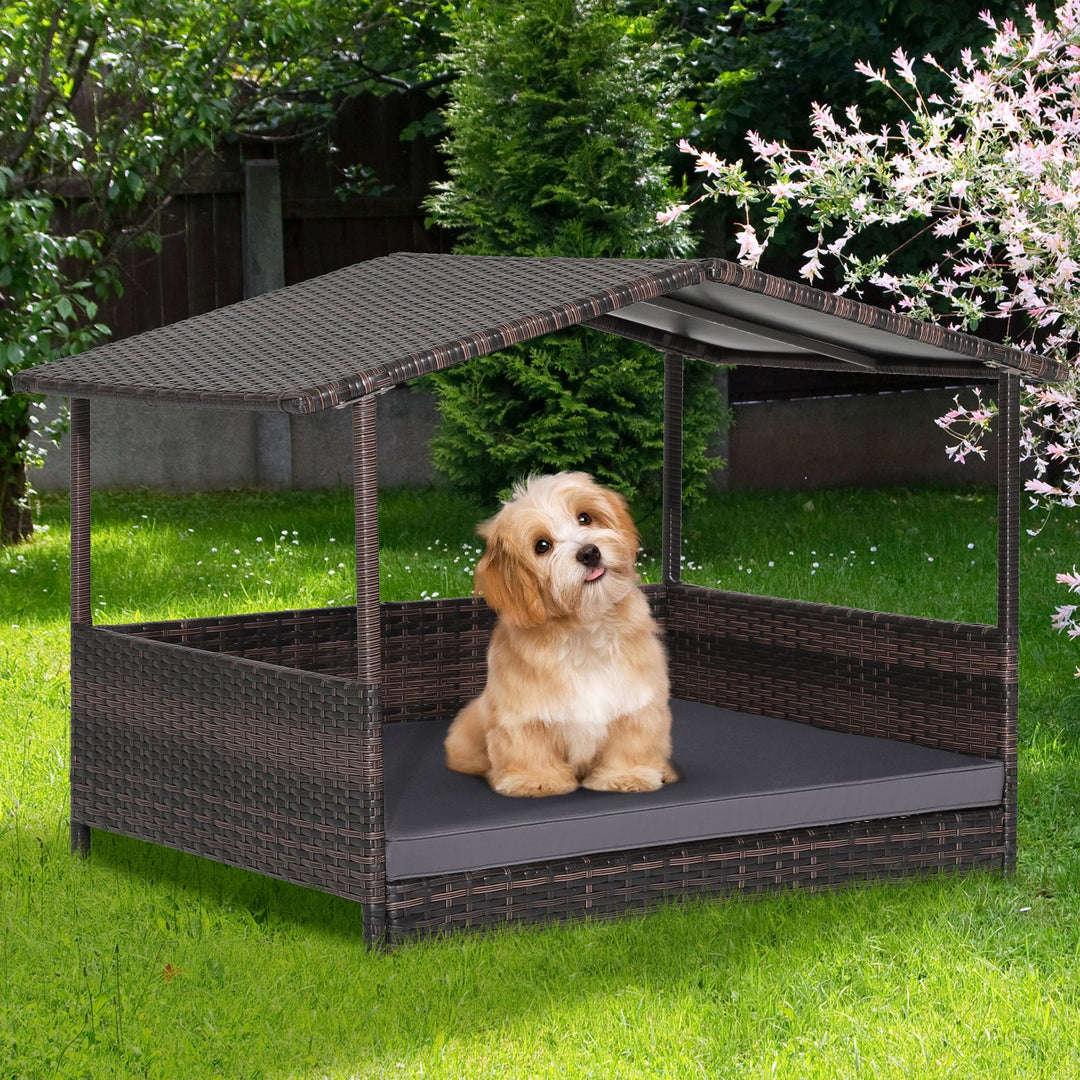 Wicker Dog House with Roof and Removable Cushion for Living Room Yard