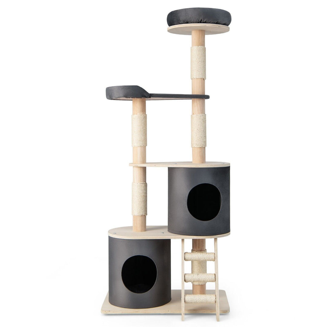 161Cm Wooden Multi-Level Cat Tree Climbing Tower Sisal Covered Scratch Post