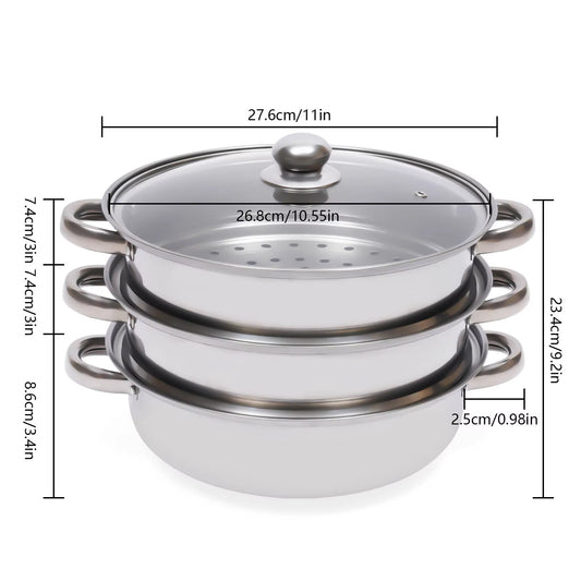 11" 3 Tier Large Stainless Steel Steaming Cooker Steamer Pot Sets W/Glass Lid