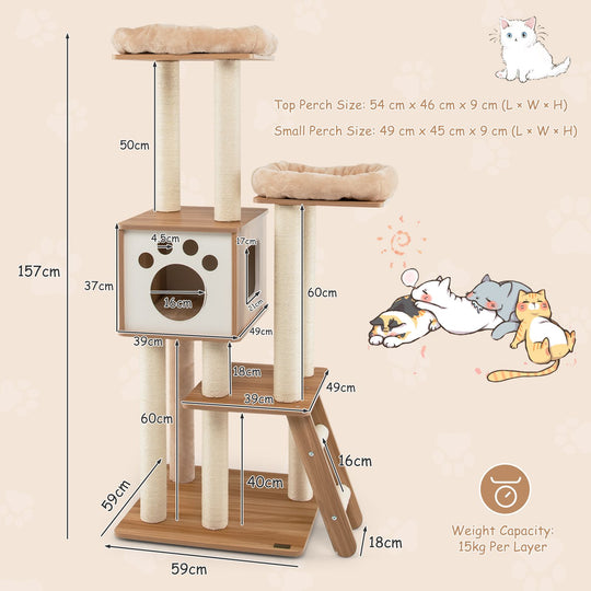 5-Tier Cat Tree Tower with Cando and 2 Padded Plush Perches