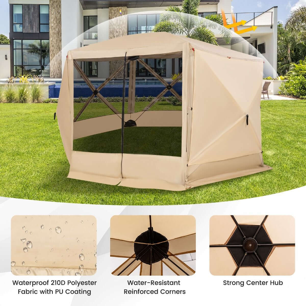 6-Sided Camping Gazebo Instant Setup Hub Tent with Portable Carrying Bag