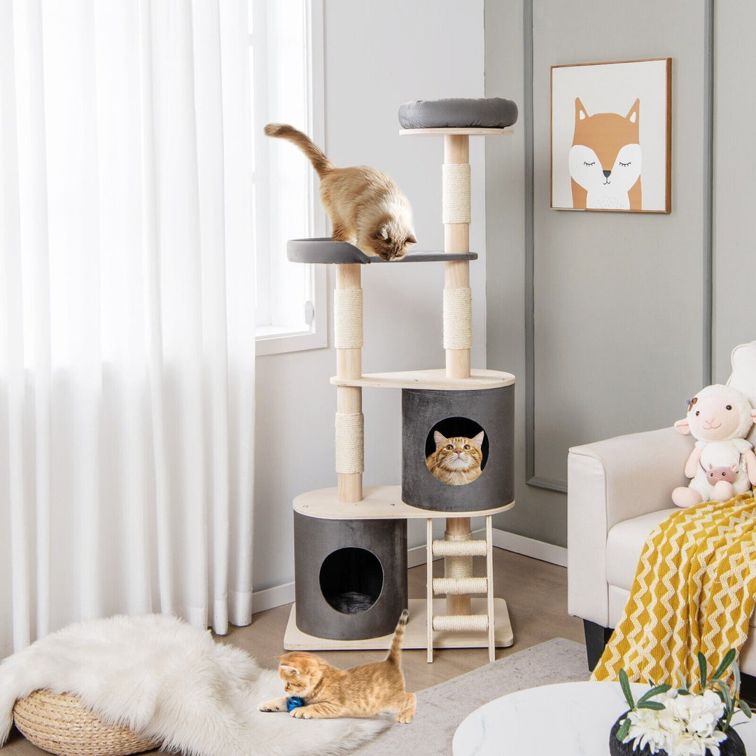 161Cm Wooden Multi-Level Cat Tree Climbing Tower Sisal Covered Scratch Post