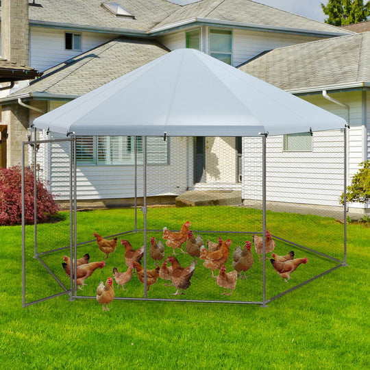 Hexagonal Metal Chicken Coop with Wire Mesh and Lockable Door