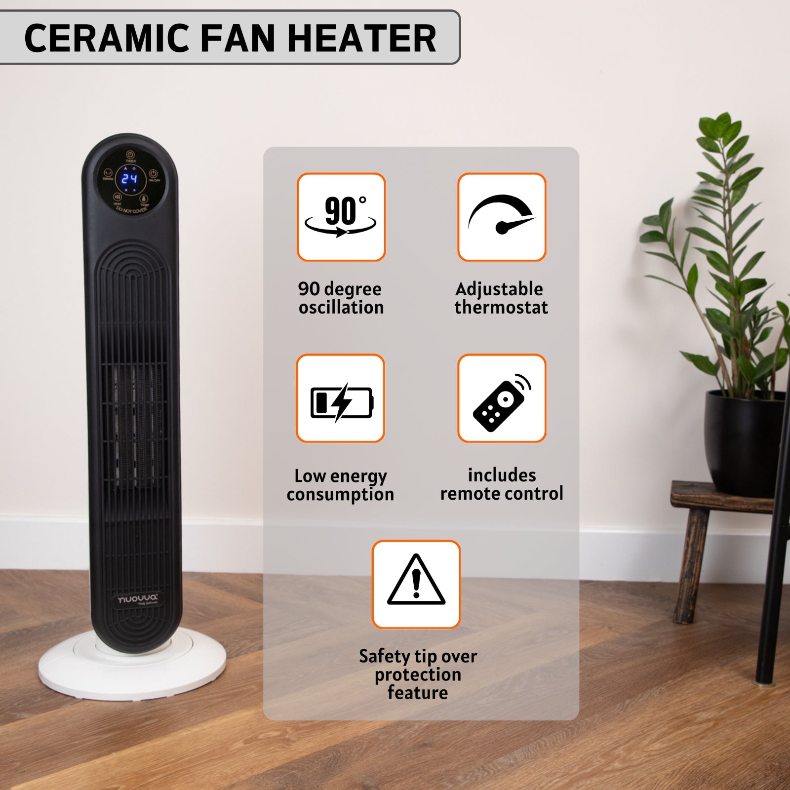 Electric Heater Energy Efficient, Ceramic Tower Fan, Silent, by Nuovva - NovaNest