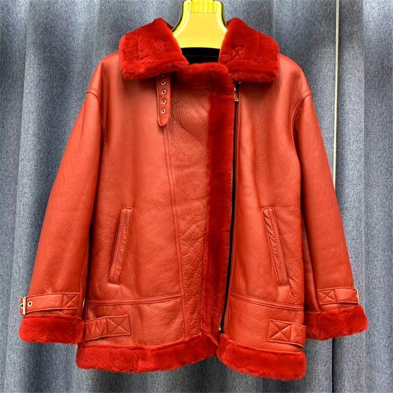 Fashion 100% Real Sheepskin and Genuine Leather Shearling Wool Fur Jacket Motorcycle Female Coat plus Size Outwear C21 - NovaNest