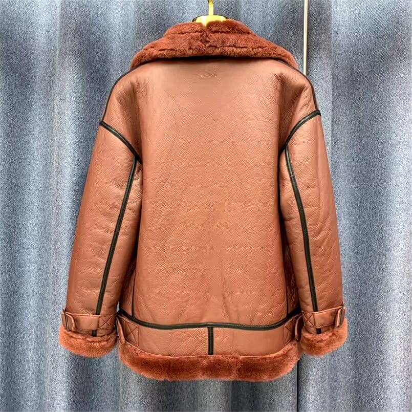 Fashion 100% Real Sheepskin and Genuine Leather Shearling Wool Fur Jacket Motorcycle Female Coat plus Size Outwear C21 - NovaNest