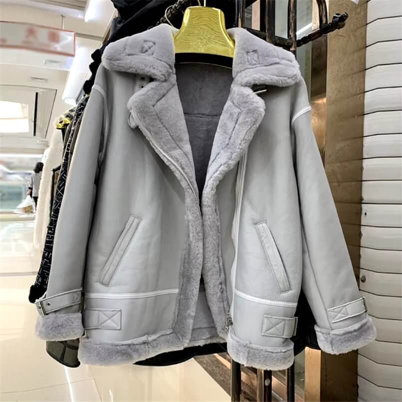 Fashion 100% Real Sheepskin and Genuine Leather Shearling Wool Fur Jacket Motorcycle Female Coat plus Size Outwear C21 - NovaNest