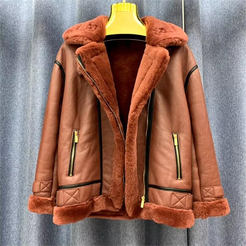 Fashion 100% Real Sheepskin and Genuine Leather Shearling Wool Fur Jacket Motorcycle Female Coat plus Size Outwear C21 - NovaNest