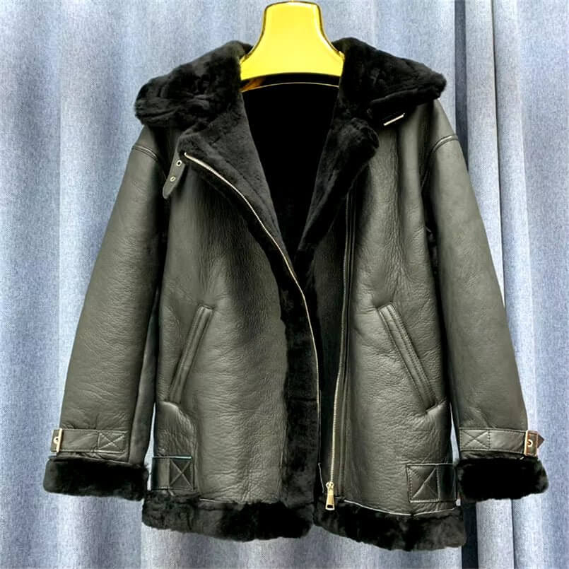 Fashion 100% Real Sheepskin and Genuine Leather Shearling Wool Fur Jacket Motorcycle Female Coat plus Size Outwear C21 - NovaNest