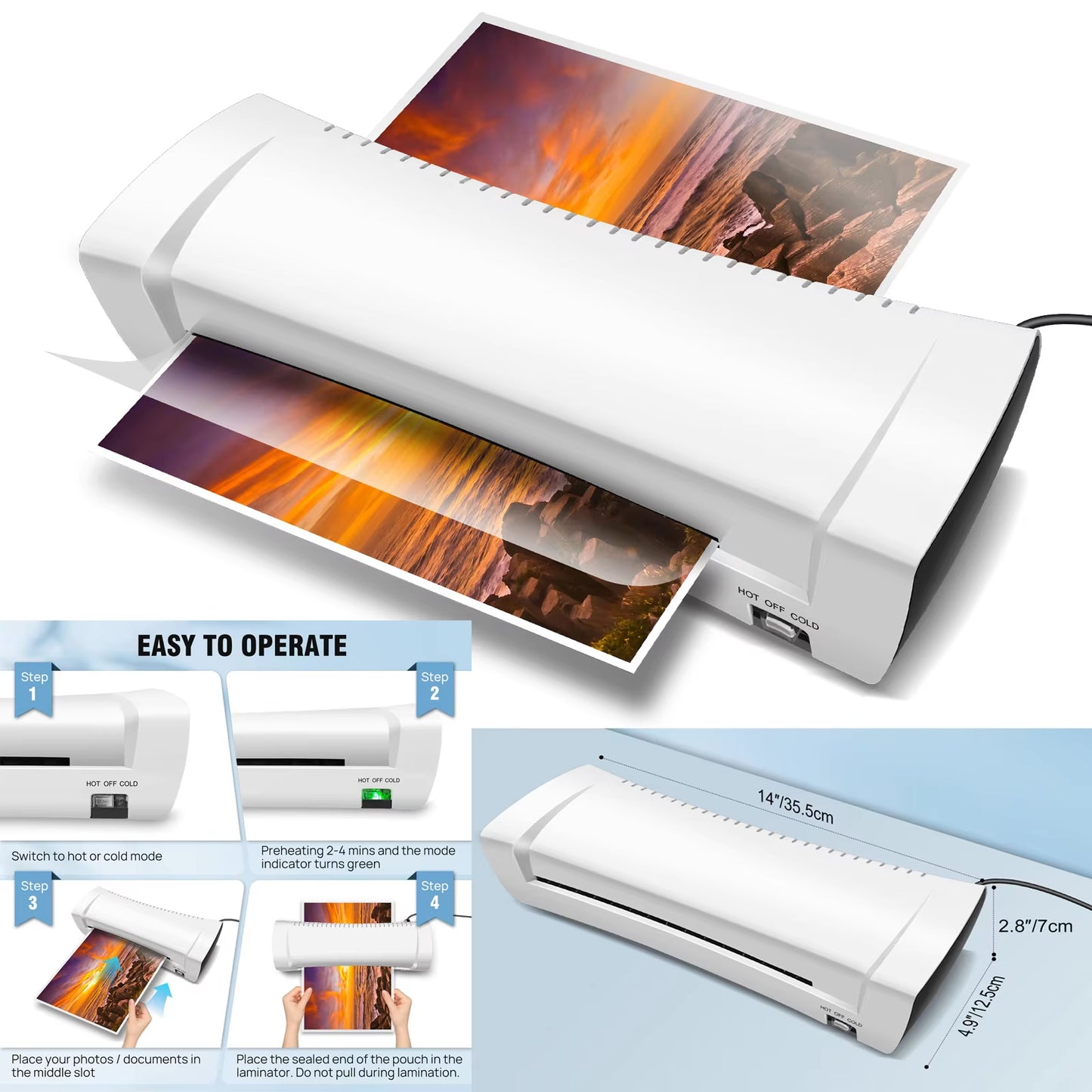 A4/A5/A6 Thermal Laminating Machine Compact Lightweight A4 Laminator with Hot and Cold Settings, 3-4Min Quick Warm-Up