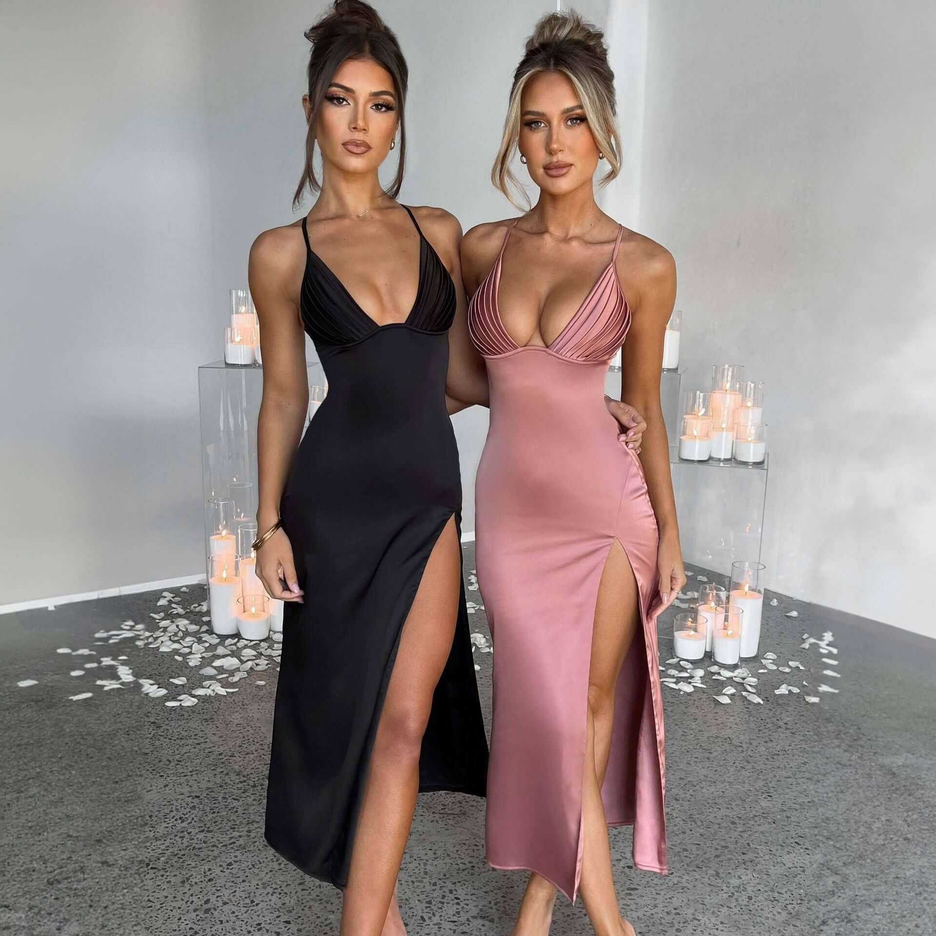 Spaghetti Strap Dress with Split Design Deep V - Neck Sleeveless Backless Bodycon Party Dresses for Womens Clothing - NovaNest