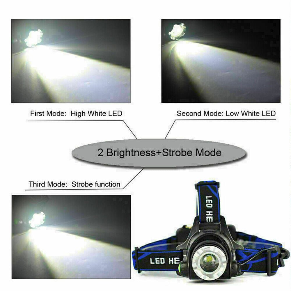 T6 Headlamp Rechargeable 350000LM LED Zoom Headlight Head Torch USB Line New UK - NovaNest