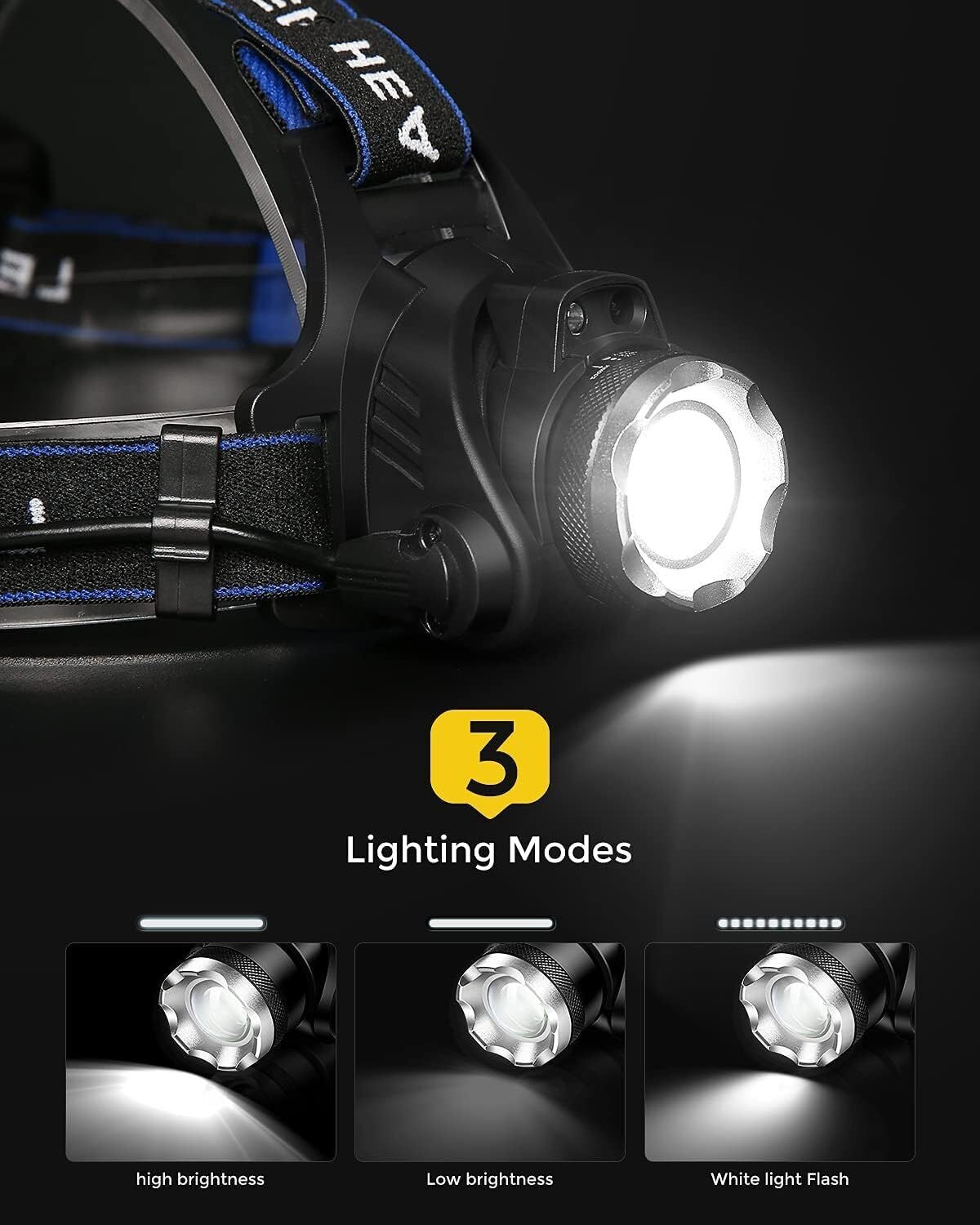 T6 Headlamp Rechargeable 350000LM LED Zoom Headlight Head Torch USB Line New UK - NovaNest