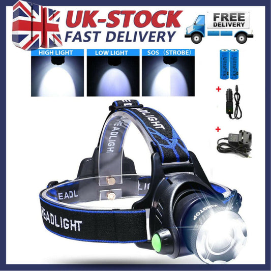 T6 Headlamp Rechargeable 350000LM LED Zoom Headlight Head Torch USB Line New UK - NovaNest