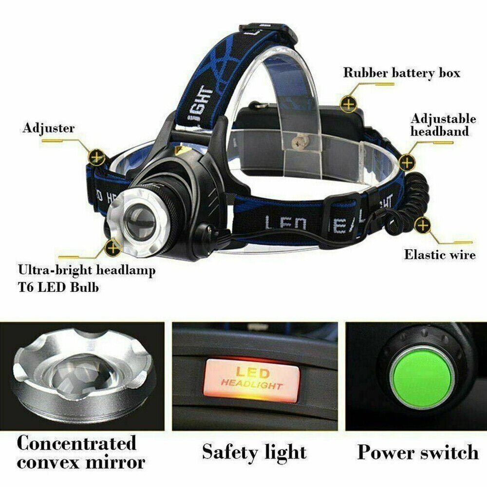 T6 Headlamp Rechargeable 350000LM LED Zoom Headlight Head Torch USB Line New UK - NovaNest