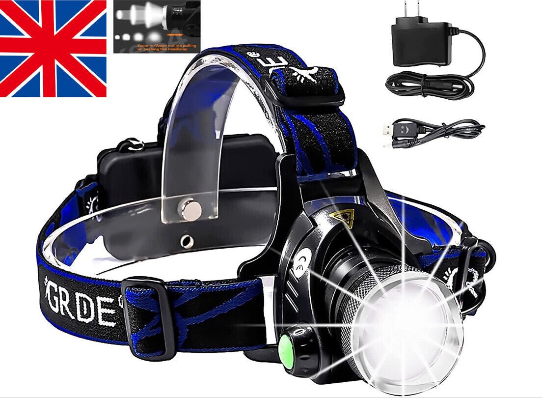 T6 Headlamp Rechargeable 350000LM LED Zoom Headlight Head Torch USB Line New UK - NovaNest