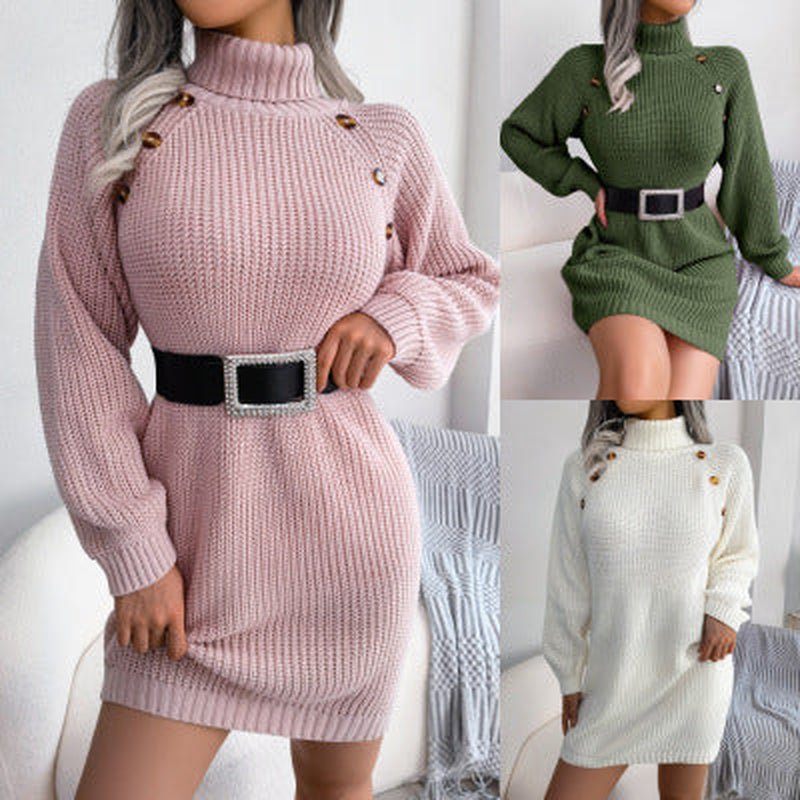 Winter Turtleneck Long Sweater Dress with Button Design Leisure Clinch Long Sleeve Base Sweater Women - NovaNest