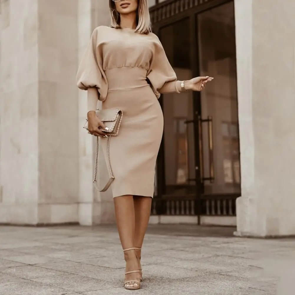 Women Dress Autumn Winter Puff Sleeve Slim - Fit round Neck Knee Length Office Elegant Party Dress Lady for Home Women Clothes - NovaNest