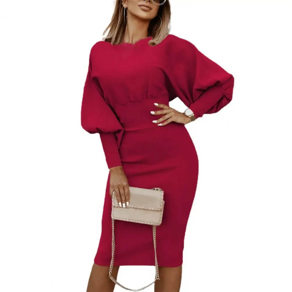 Women Dress Autumn Winter Puff Sleeve Slim - Fit round Neck Knee Length Office Elegant Party Dress Lady for Home Women Clothes - NovaNest